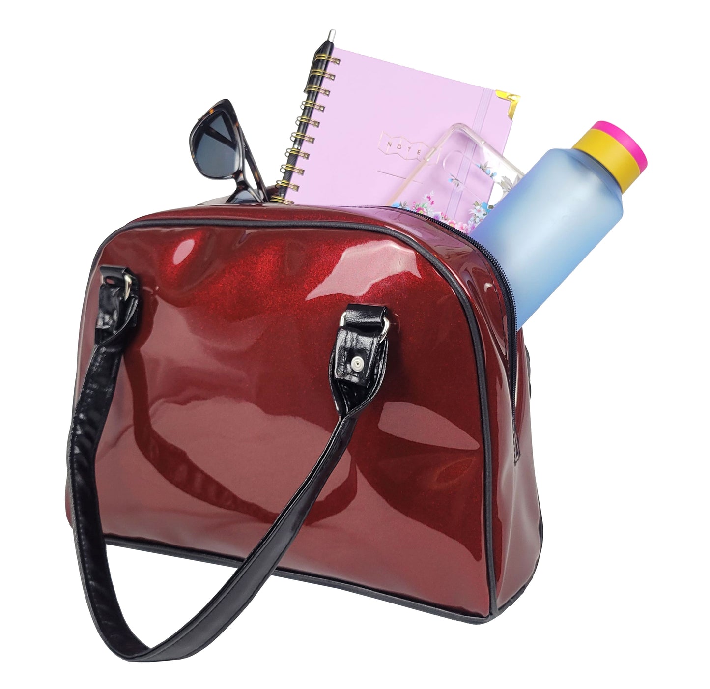 Faux Patent Leather Bowler Bag (Burgundy/Red)