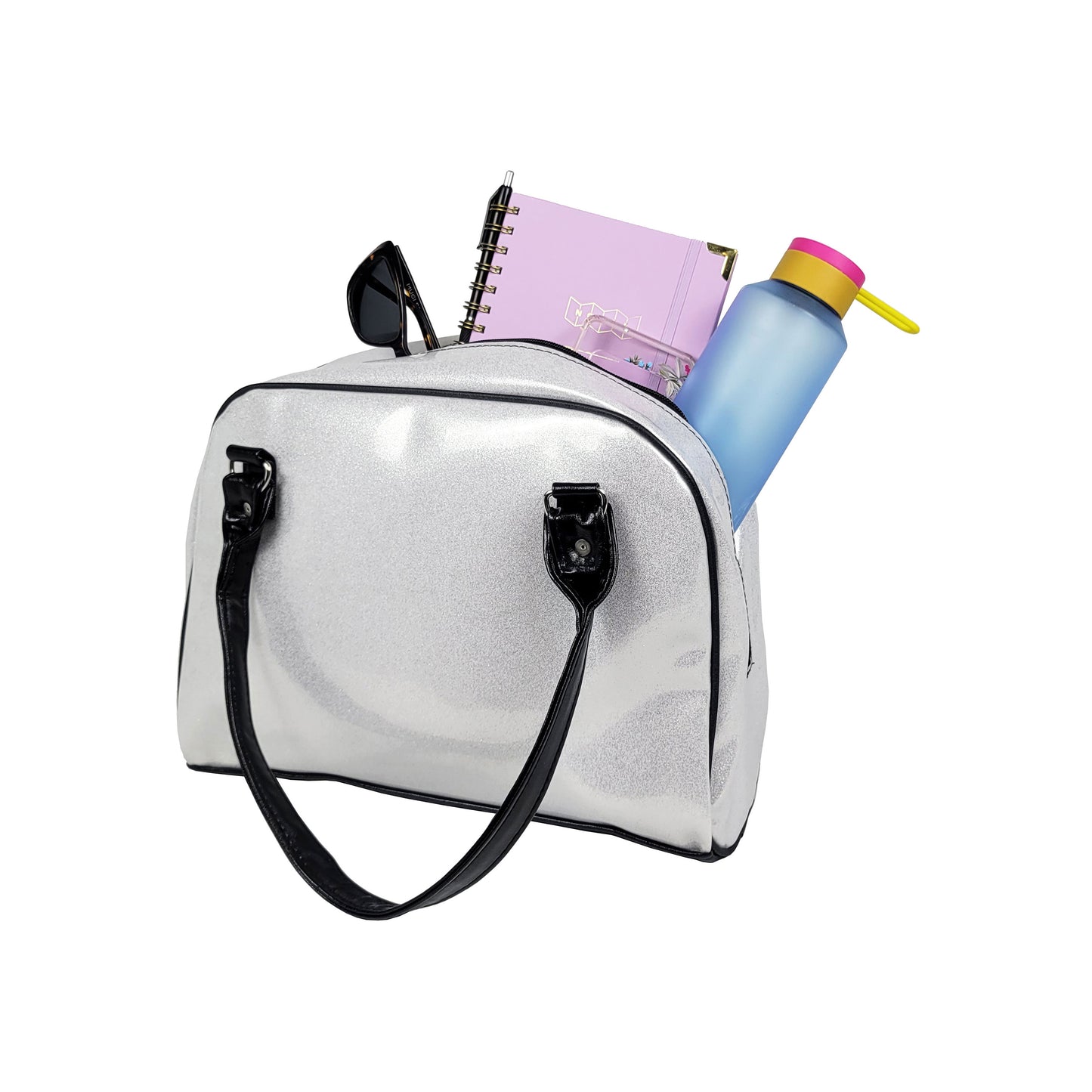 Faux Patent Leather Bowler Bag (Silver-Diamond)