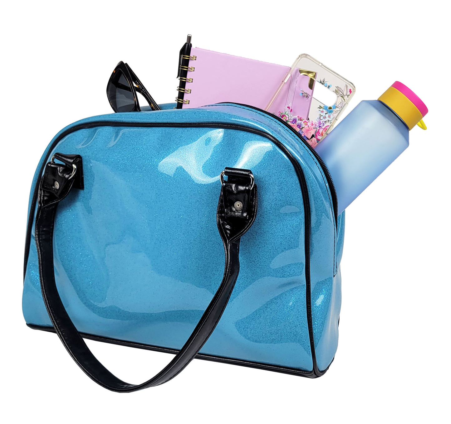 Faux Patent Leather Bowler Bag (Blue)