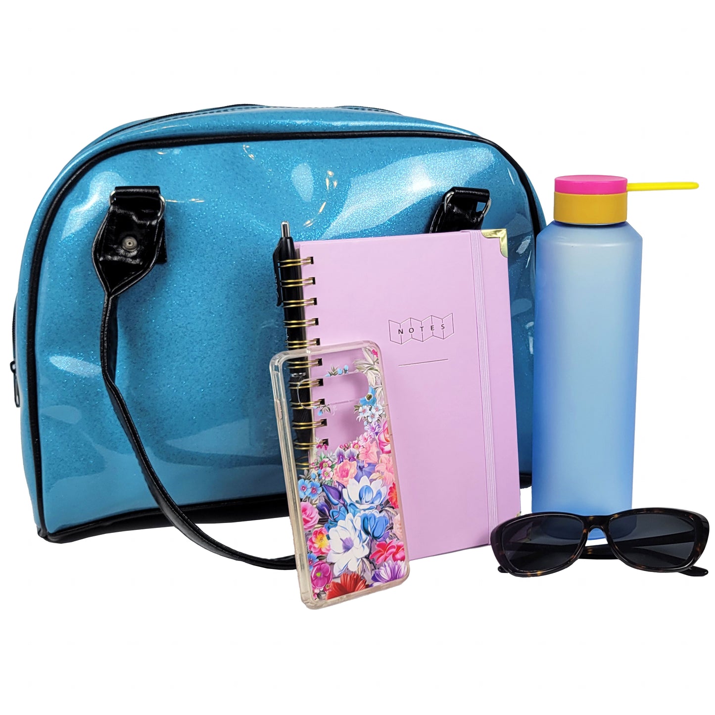 Faux Patent Leather Bowler Bag (Blue)