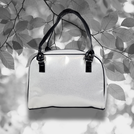 Faux Patent Leather Bowler Bag (Silver-Diamond)