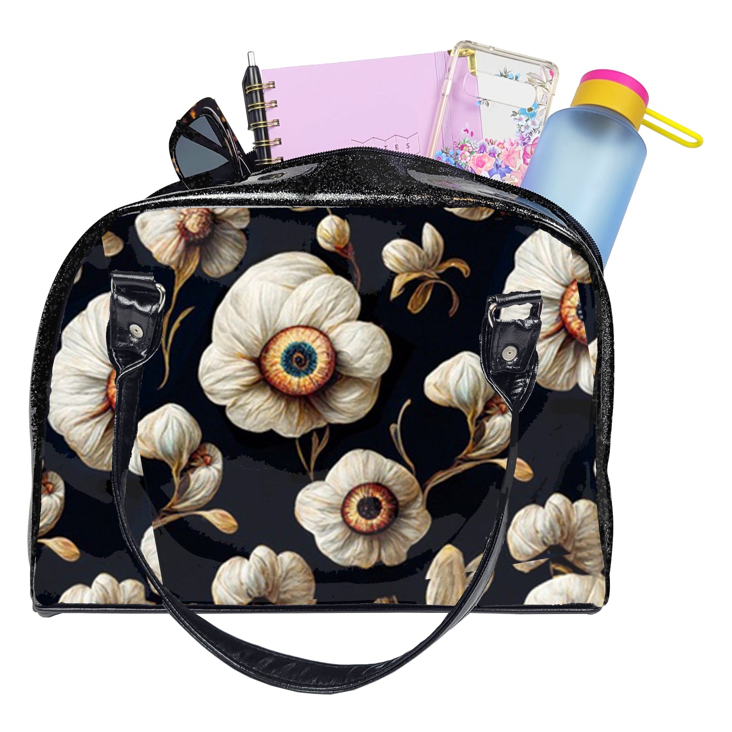 Dark Bowler Bag (White Eyeball Flowers)